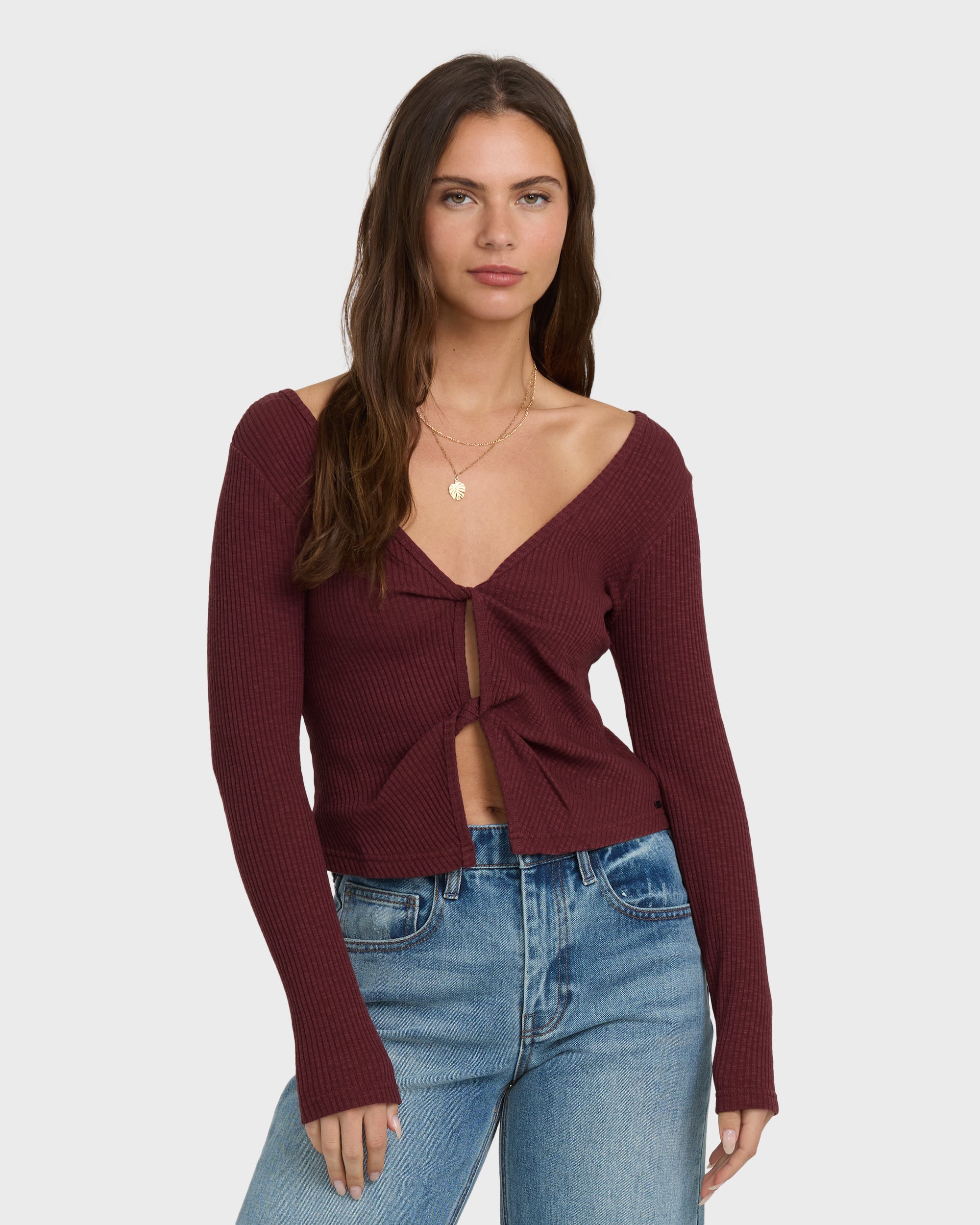 Fever Twist Long Sleeve Knit Top - Pinot