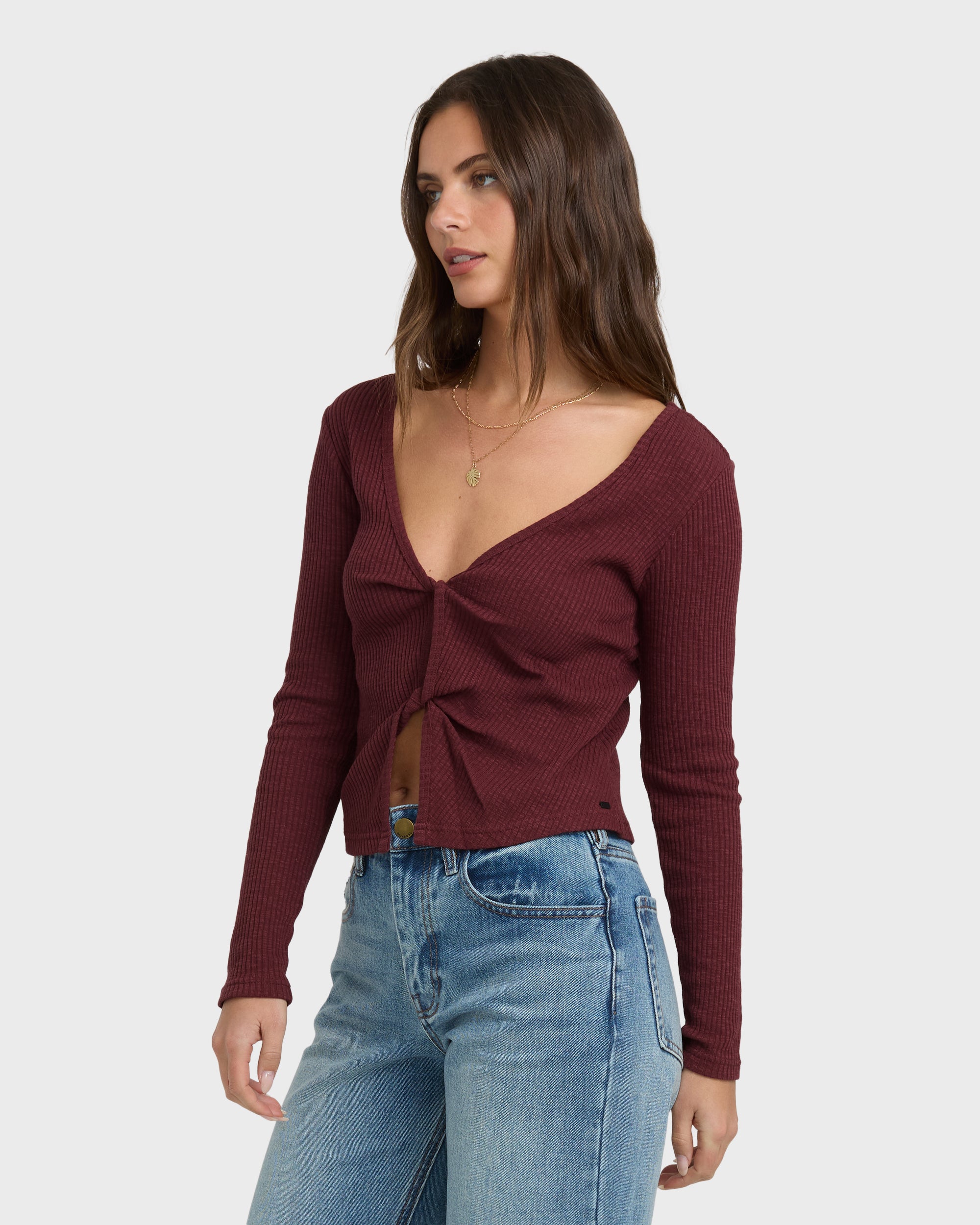 Fever Twist Long Sleeve Knit Top - Pinot