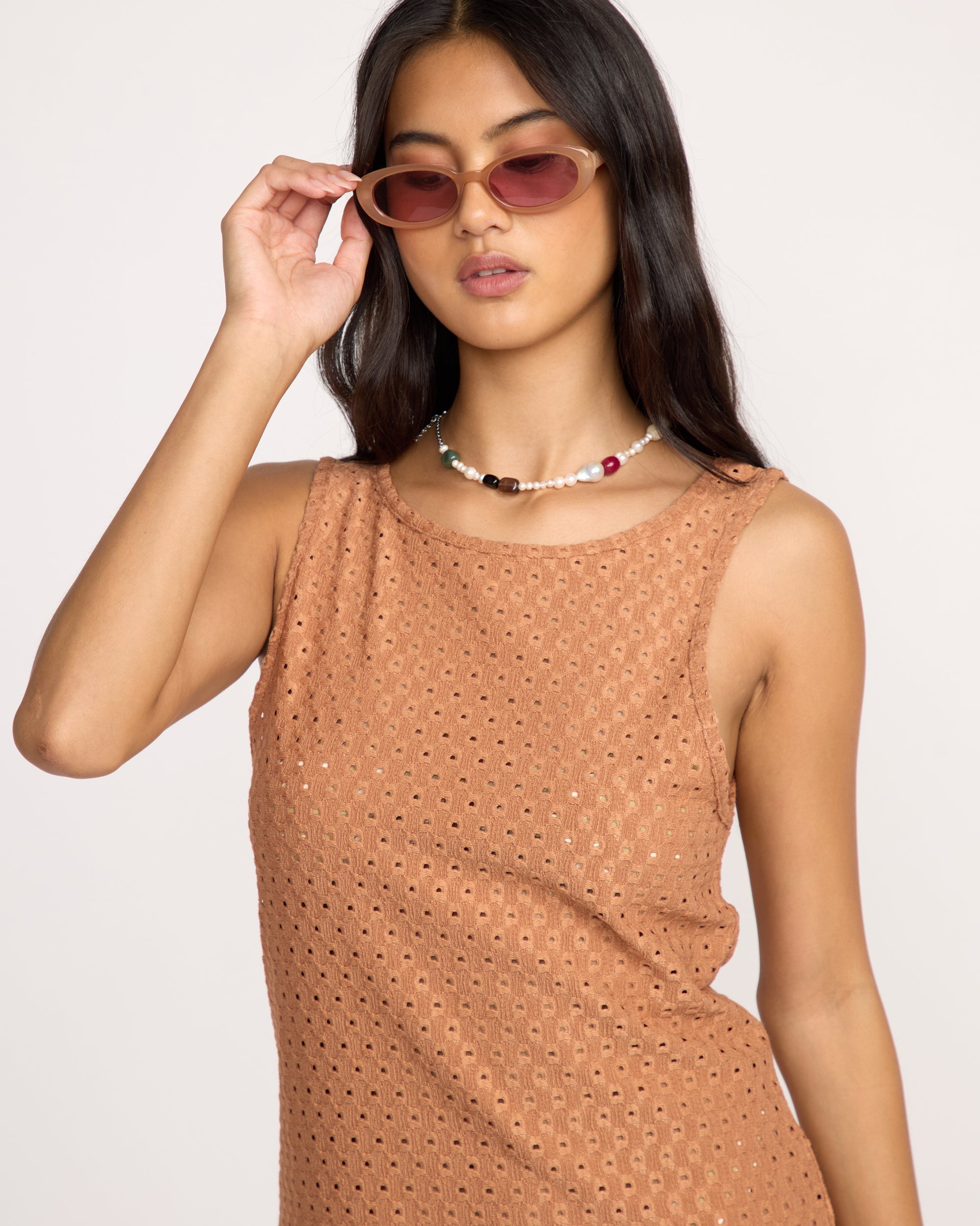 Eyelet Sun Midi Dress Beach Coverup - Rose Brown