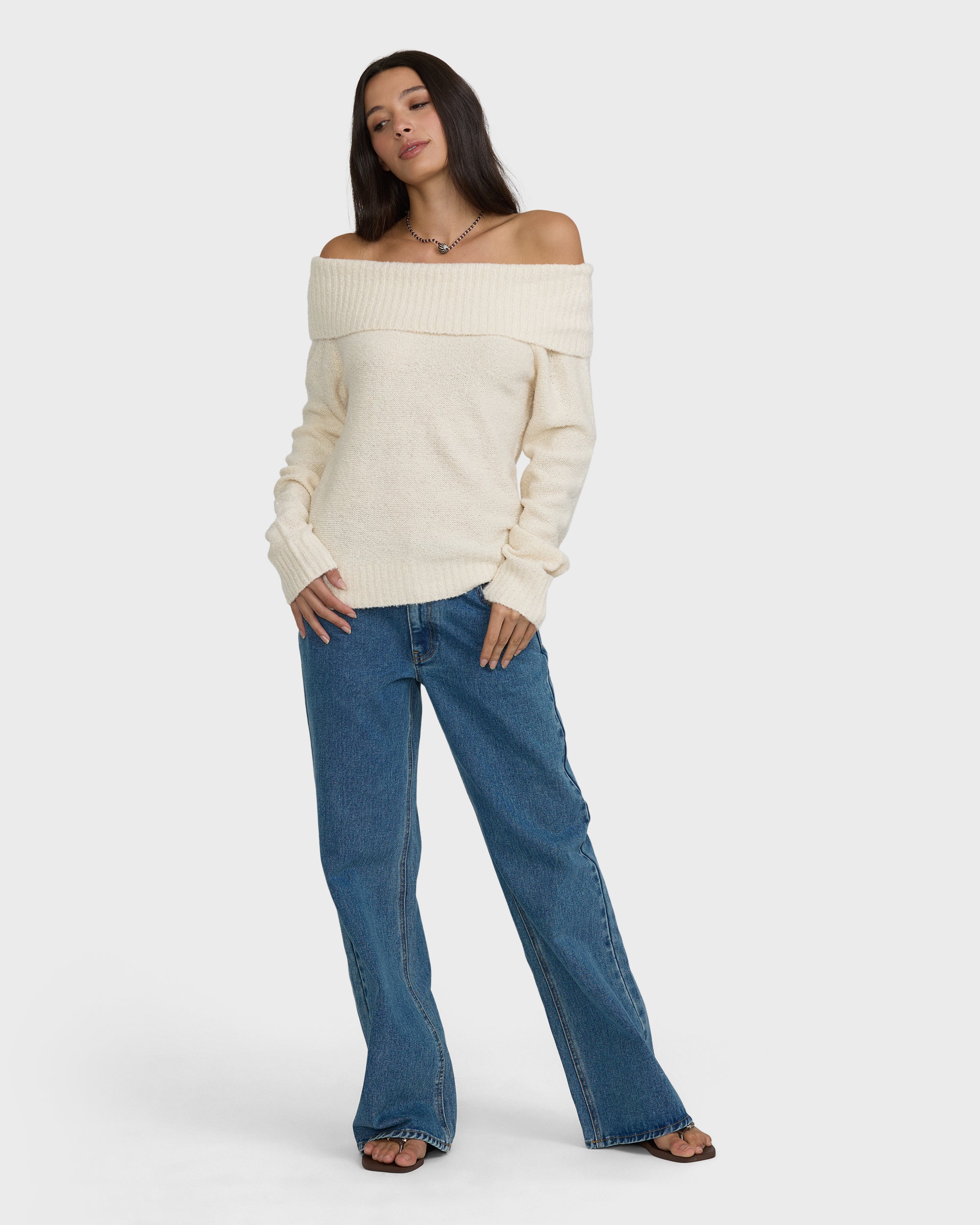 Drift Off Shoulder Sweater - Salt Crystal