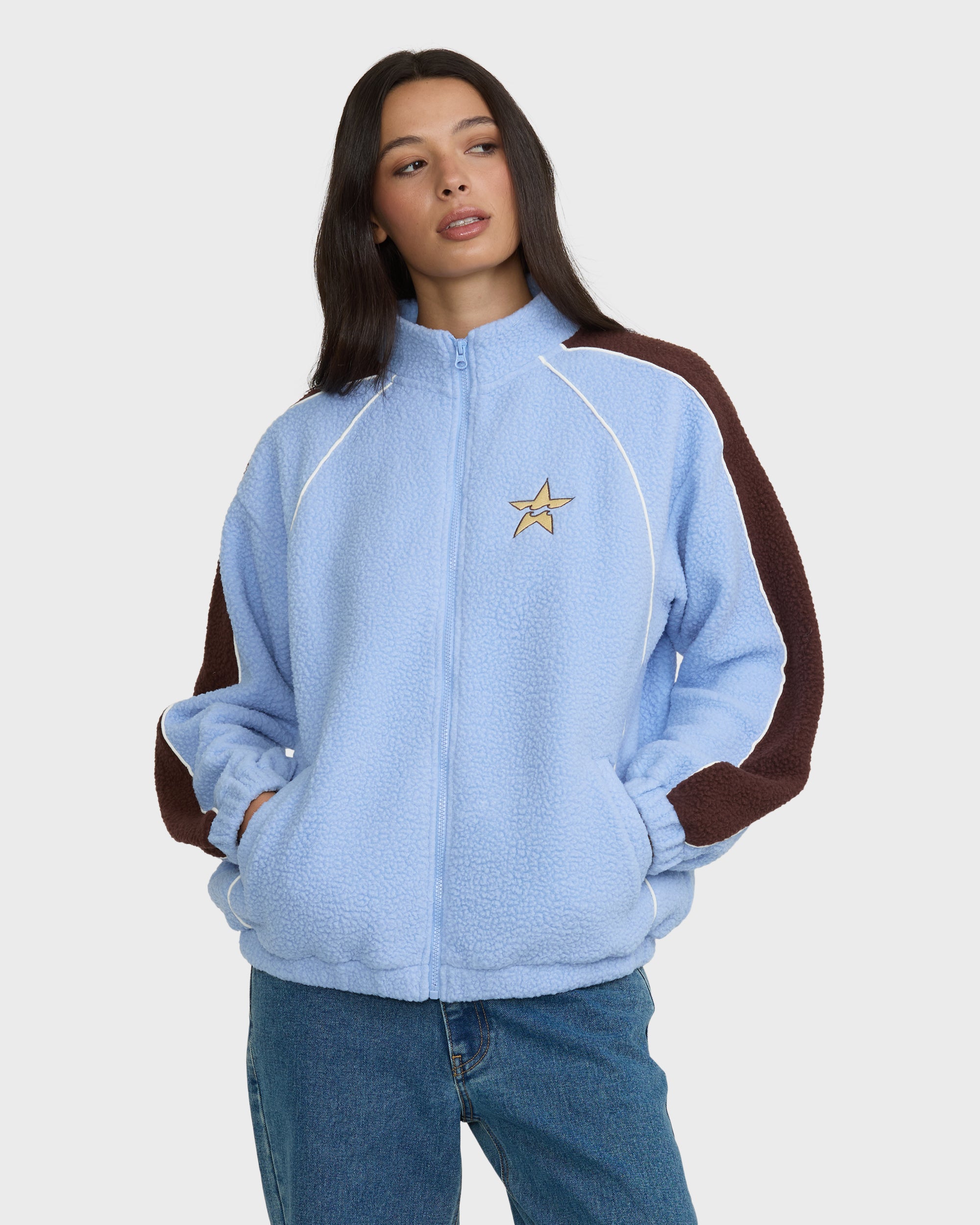 Sporty Fleece Mock Neck Zip-Up Fleece Jacket - Cornflower