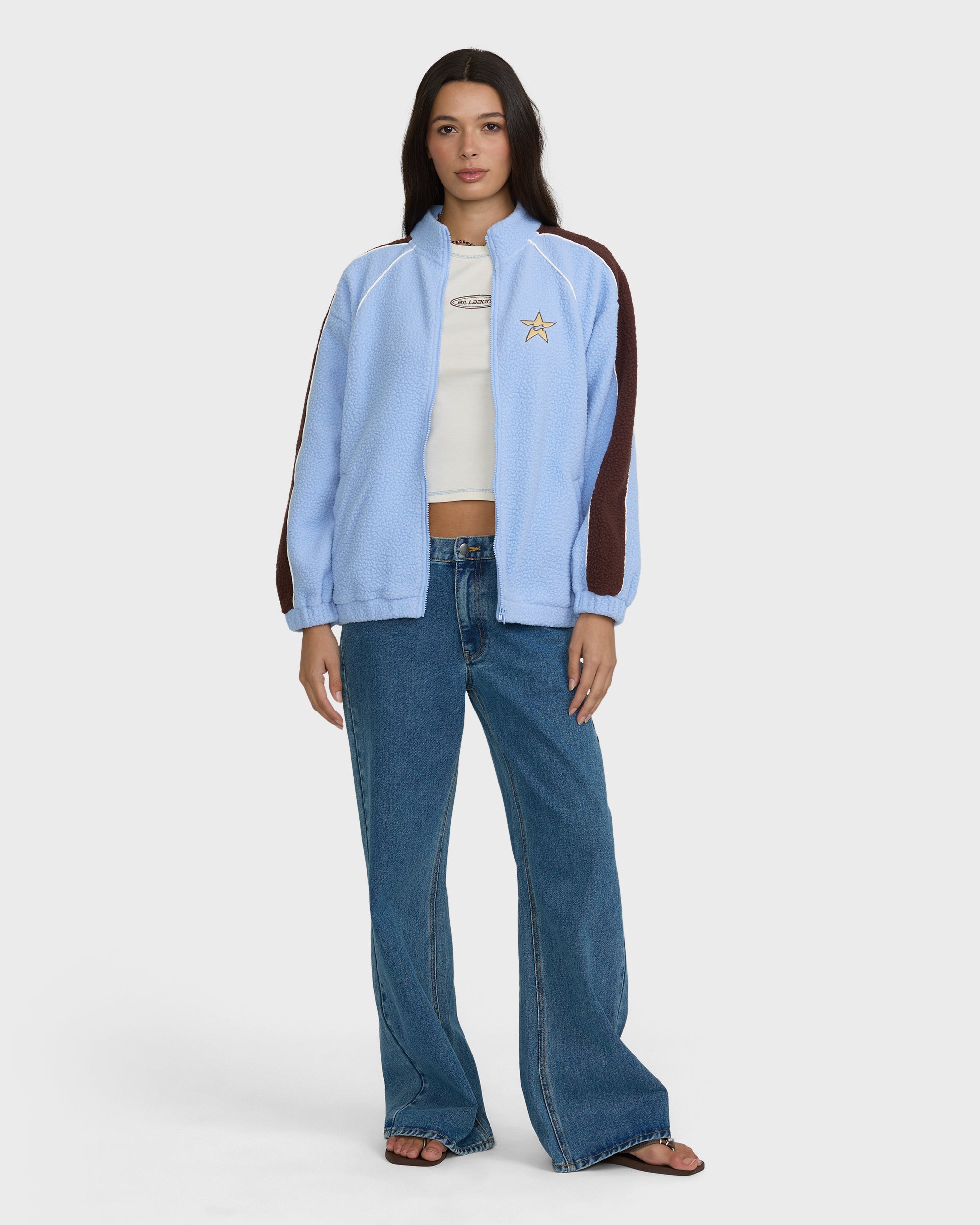 Sporty Fleece Mock Neck Zip-Up Fleece Jacket - Cornflower