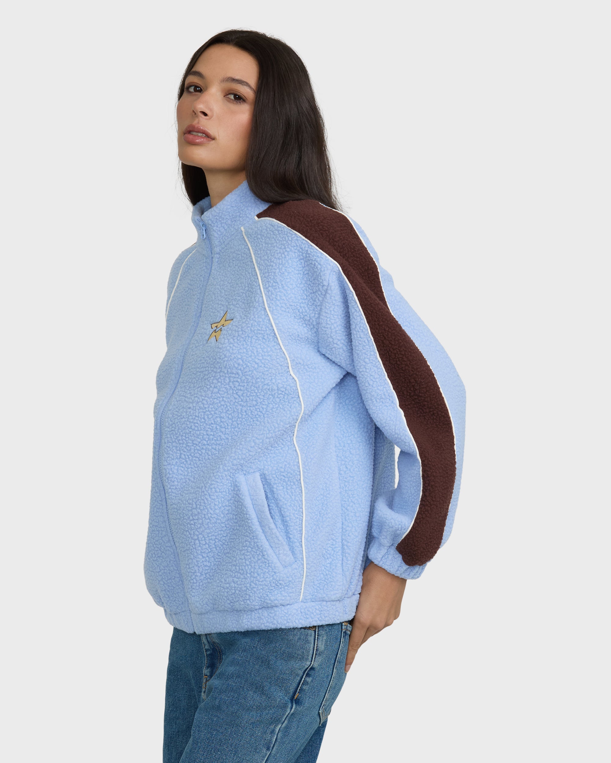 Sporty Fleece Mock Neck Zip-Up Fleece Jacket - Cornflower